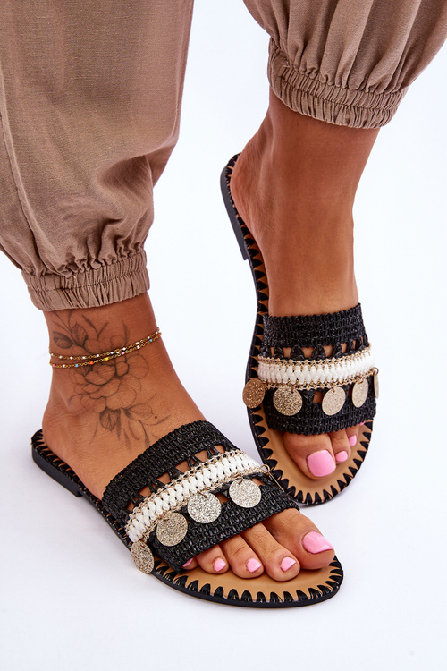 Dámske opletené zdobené čierne Millano flip -flops
