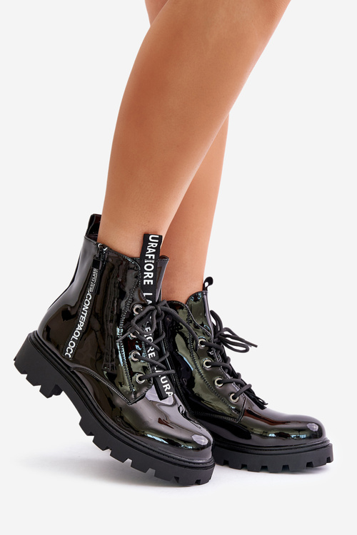 Lakované Boty Pracovní Dámské Zateplené S Nápisy Černé Zinfreya