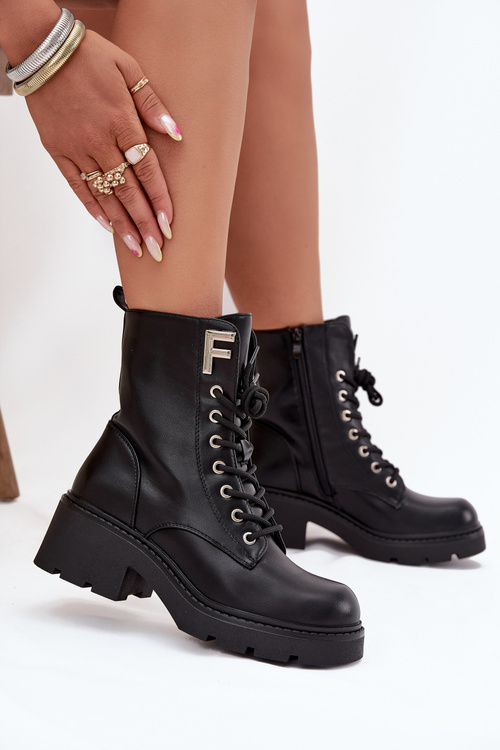 Dámske Workery členkové topánky na blokovom podpätku zateplené s písmenom F čierne Lurina