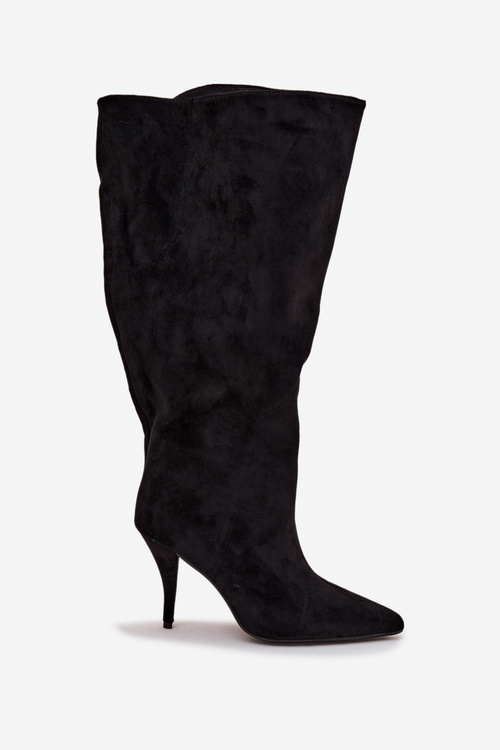 Vklouzávací dámské kozačky na podpatku z eko semiše černé Noretta