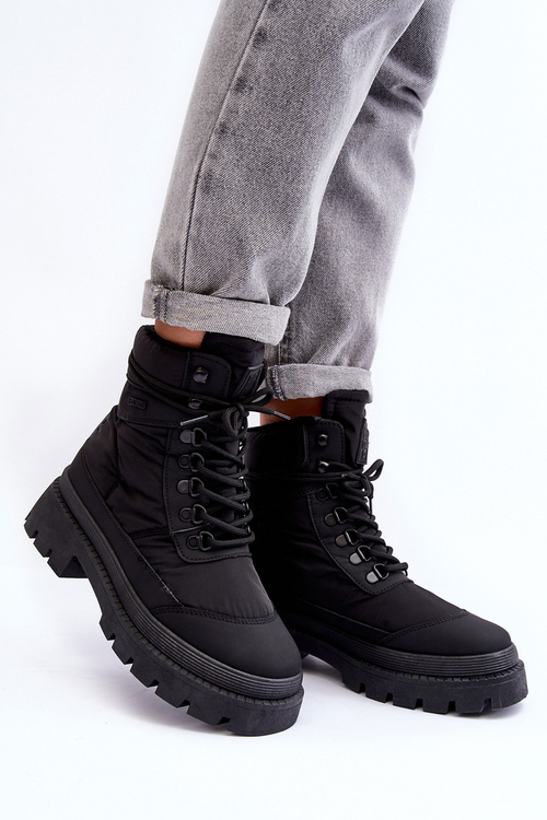 Dámské trapperské boty teplé na platformě a plochých podpatcích Big Star MM274340 Černá