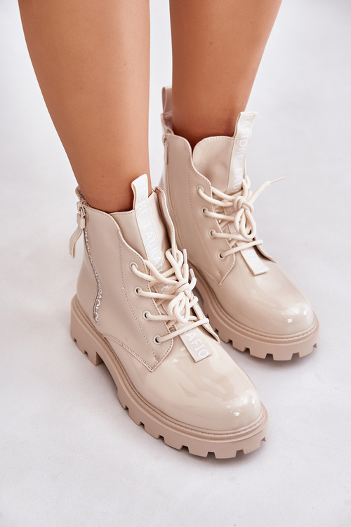 Lakované Dámske Pracovné Topánky Zateplené S Nápismi Béžové Zinfreya