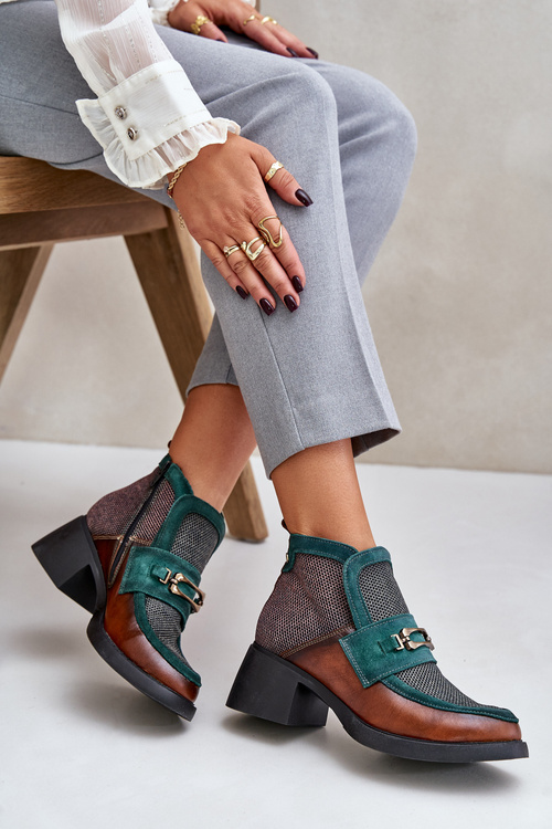 Kožené dámské kotníkové boty na masivním podpatku s ozdobou Maciejka A6747-29 hnědo-zelené