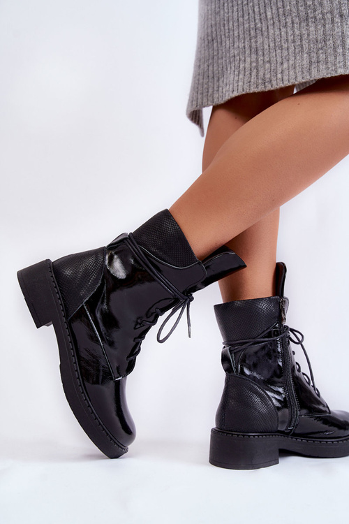 Dámské lakované šněrovací kozačky Černé Laverda