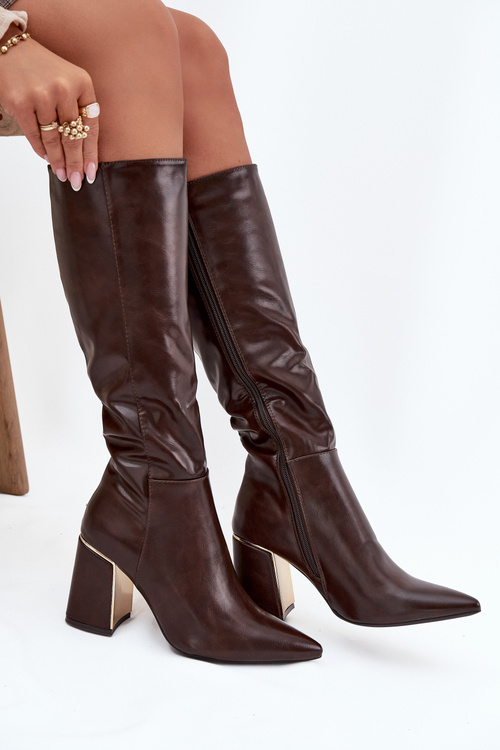 Dámské kozačky na podpatku se zlatým prvkem čokoládové Alessine