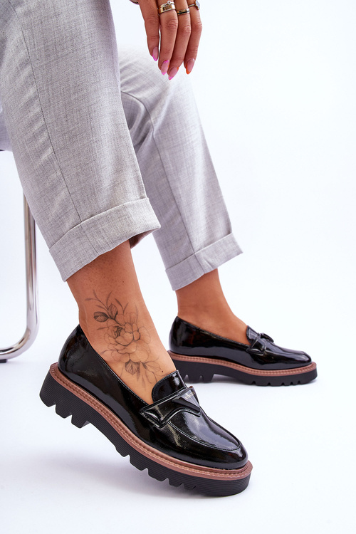 Lakované dámské mokasíny na platformě s zdobením Černá Jonett