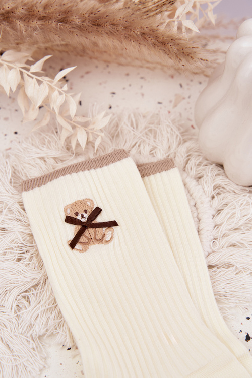 Bavlněné ponožky pruhované s medvídkem ecru