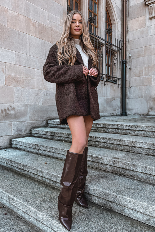 Zateplené dámske čižmy s obráteným golierom na podpätku blok čokoládové Elivira