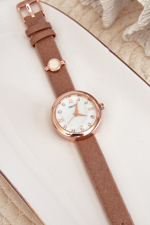 Dámske hodinky na tenkom ekokožennom remienku hnedé Ernest E62146