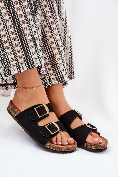 Dámske sandále na korkovej platforme so zlatými prackami čierne Lisavionea