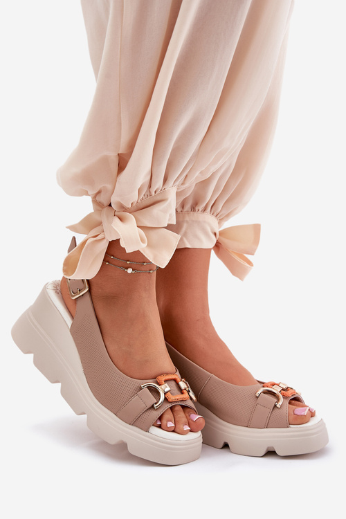 Kožené dámské sandály na klínu a platformě s ozdobou Artiker 56C2208 tmavě béžové