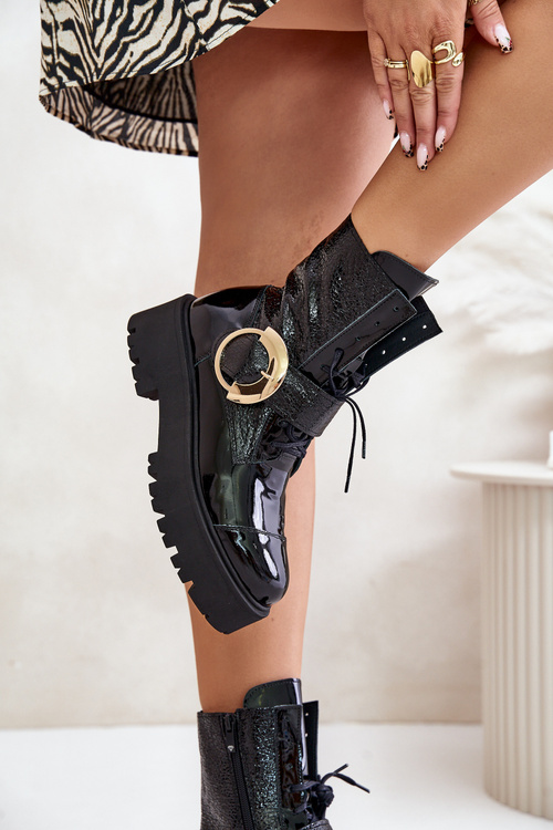 Zazoo 2942 Kožené boty worker se zlatou sponou černé