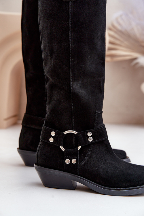 Semišové Kozačky Kovbojky Na Nízkém Podpatku S Dekorací Zazoo 3656 Černé