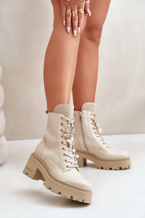 Kožené Boty Worker Dámské S Motýlem Béžové CheBello 4590