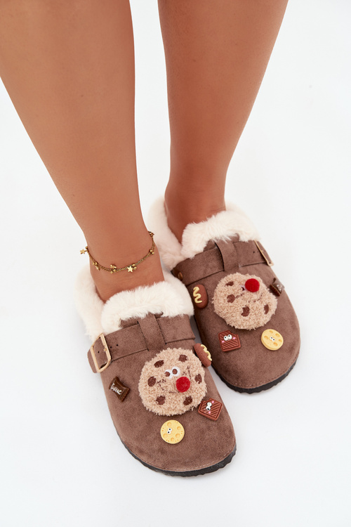 Dámské pantofle s ozdobami a přezkou vyhřívané kožešinou hnědé Thalora