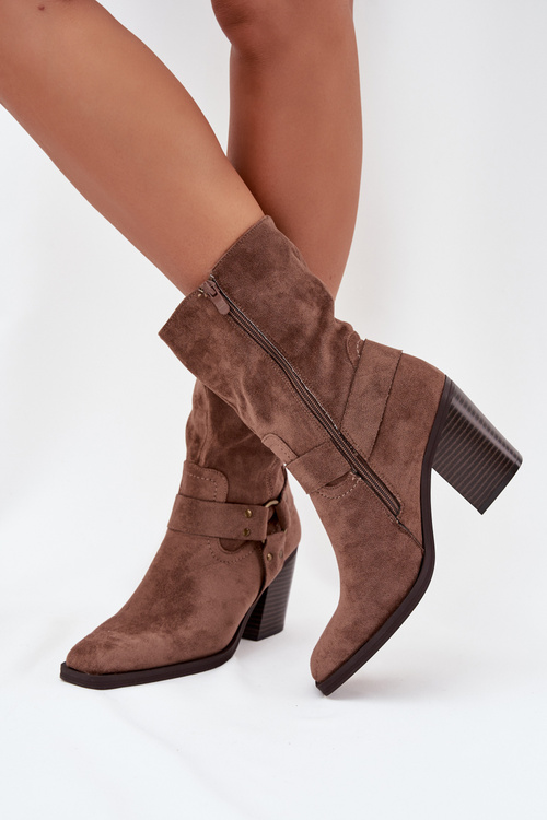 Dámske Zateplené Čižmy Na Opätku S Páskami A Dekoratívnym Detailom Hnedé Neria