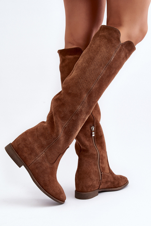 Zazoo 3407 Zamszové Kozáky po Kolena na Ploché Podrážce Černé