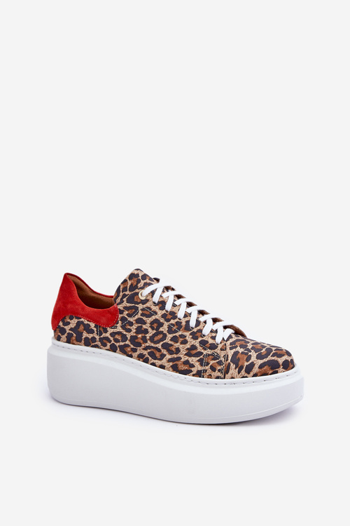 Kožené sneakerky na platformě s leopardím vzorem Zazoo 3346 hnědo-červené