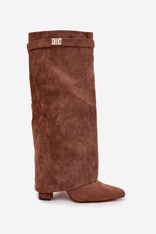 Kozačky Eko semišové podpatek sloupek na zip vyhřívané vytočená lýtka tmavě béžové Evyra