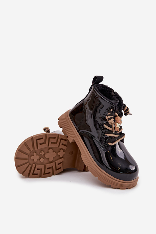 Zateplené detské lakované členkové čižmy s remienkom medveď čierne Jovellea