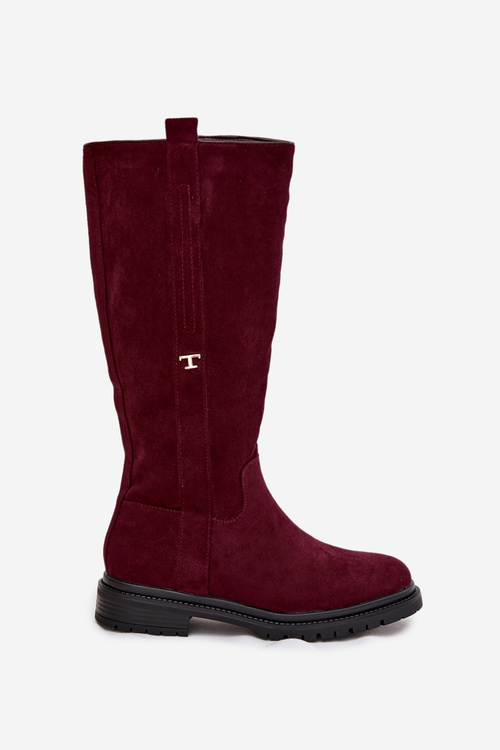 Dámské zateplené kozačky na plochém podpatku Eko semiš Bordó Delyssa