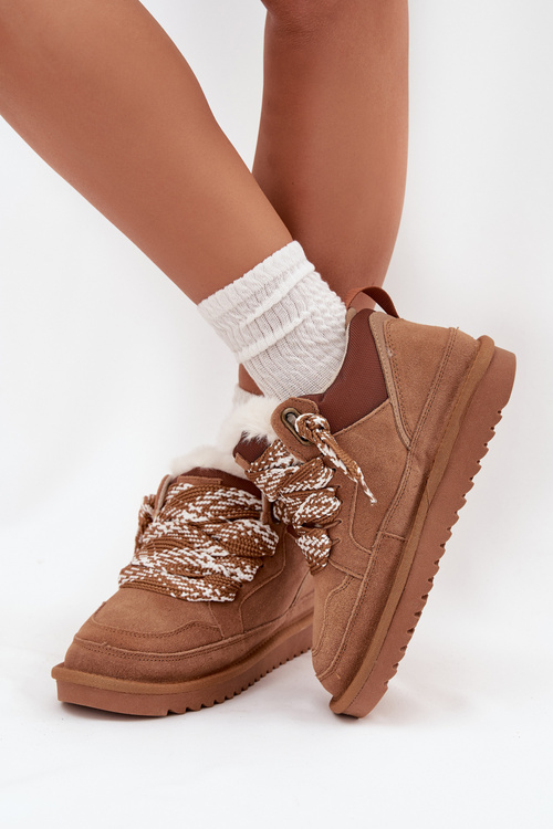 Semišové zimní boty pro ženy s kožešinou a silnými šněrováním Vinceza 97963 Camel