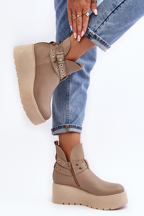 Dámske kožené topánky na klinovej plošine s béžovými pruhmi Zazoo 1752