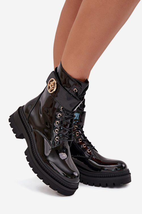 Lakovane pracovné čižmy dámske so zlatým detailom zateplené čierne Fiorena