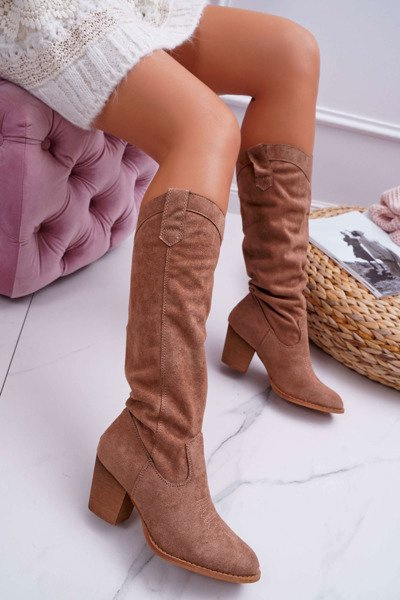 Dámske topánky na stĺpiku na kolená, Suede Beige Lemane