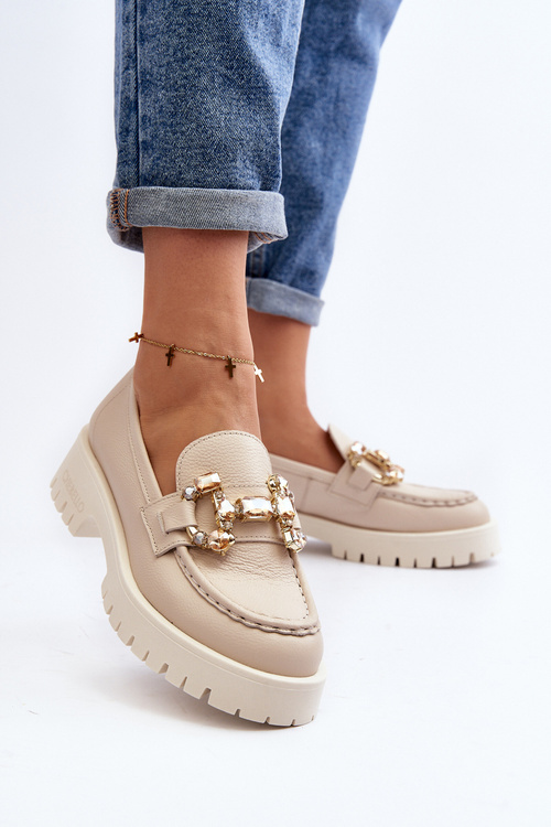 Dámské kožené mokasíny s ozdobou CheBello 4369 béžové