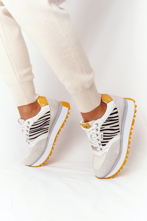 Kožené Sportovní Obuv Na Platformě GOE HH2N4001 Bílé-Žluté