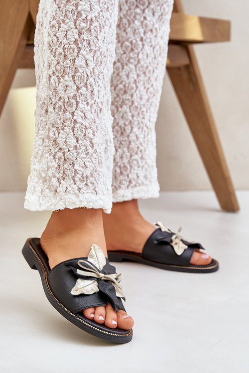 Pantofle S Dekorací Přírodní Kůže Zazoo 3574/Z Černé