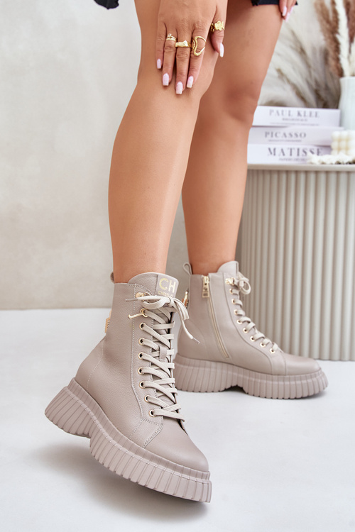 Kožené Boty Na Platformě Na Zip S Dekorativním Zámkem CheBello 4517 Béžové