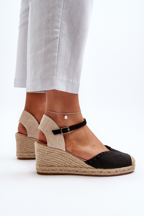 Zamšové sandále espadrily na klinovej podrážke s pletením čierne Raylin