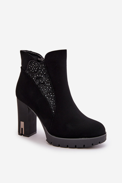 Zateplené dámské boty na vysokém podpatku s výšivkou černé Verissae