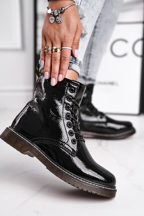 Dámské Kotníkové Ploché Boty Lakované Cerné Marita