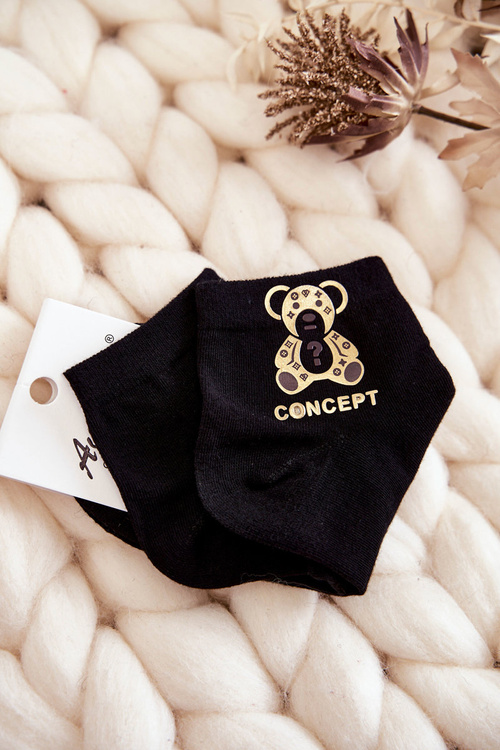 Dámske bavlnené ponožky so zlatým medvedíkom čiernou farbou