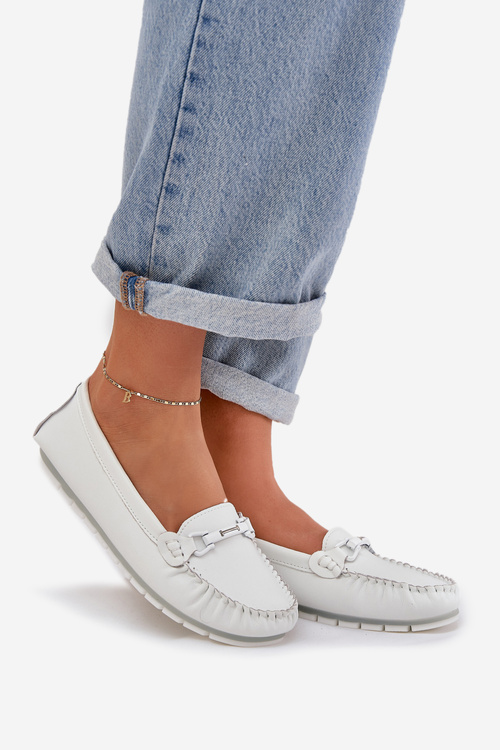 Plné Kožené Mokasíny S Dekorací S.Barski LR51-547 Bílé