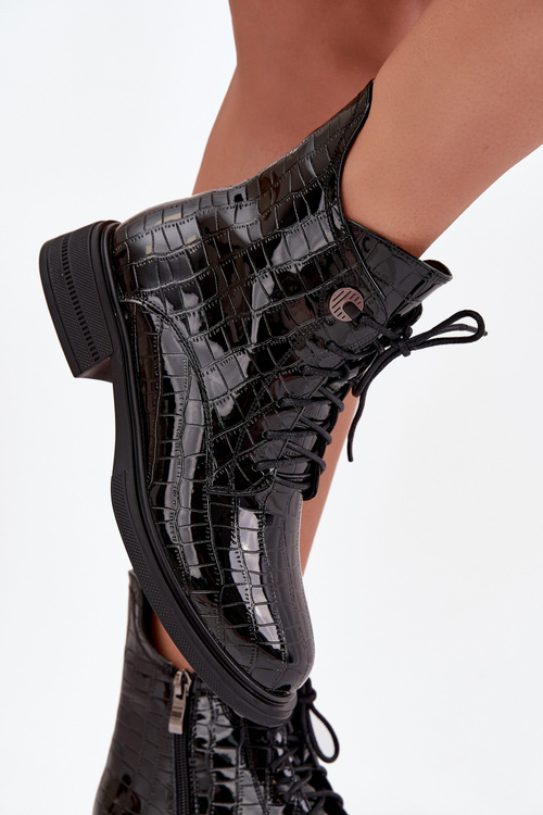 Kožené lakované členkové topánky s vyrazeným vzorom vyhrievané čierne Juviane