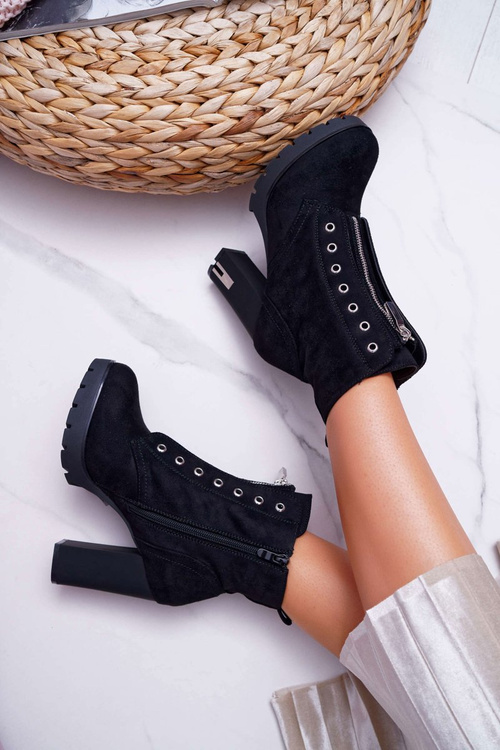 Dámské Kotníkové Boty Na Podpatku S Ozdobným Zipem Semišové Černé Imagine