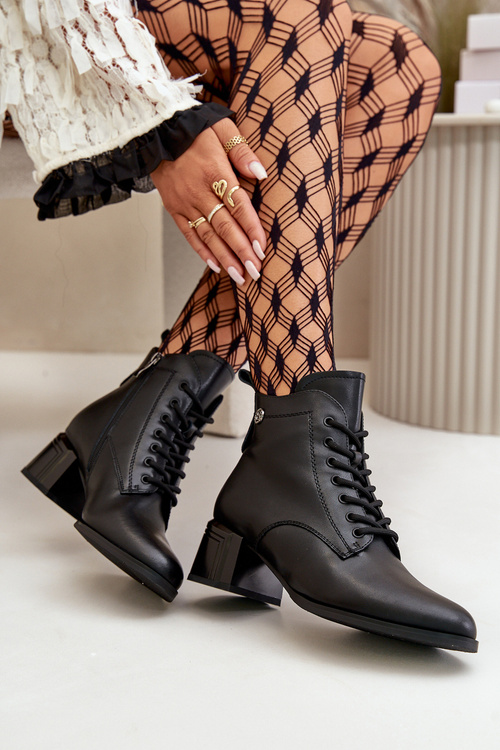 Dámske Šnurovacie Čižmy Na Opätku Z Prírodnej Kože Zateplené Čierne Vinceza 91110