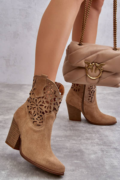 Semišové prolamované kovbojské boty Lewski Boty 3265 Dark Beige