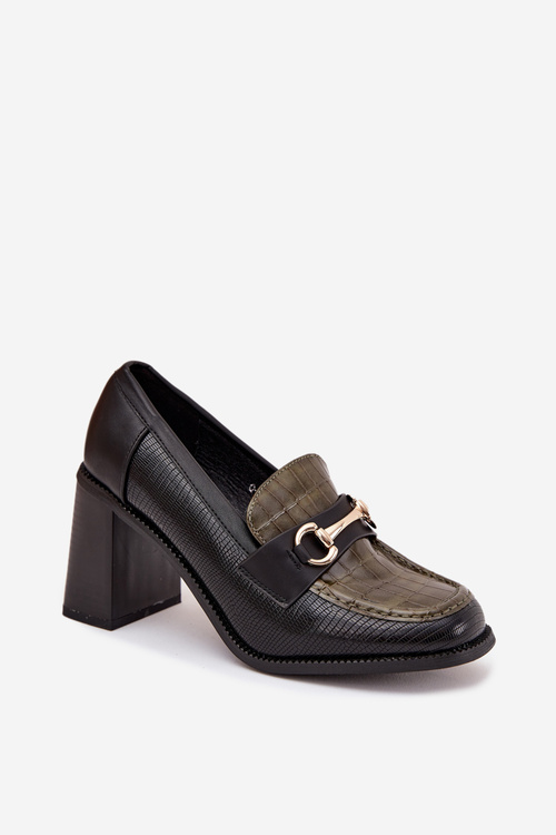 Dámske poltopánky na podpätku s reliéfom a zlatým detailom Zeleno-čierne Novella