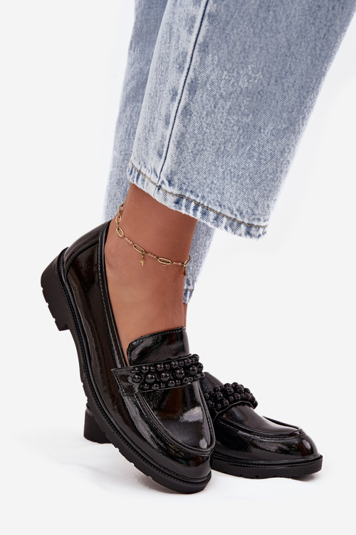 Dámske lakované mokasíny s korálkami S.Barski HY52-541 Čierne