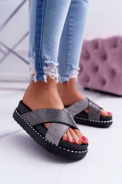 Dámské Nazouváky černé krystaly Belmondo