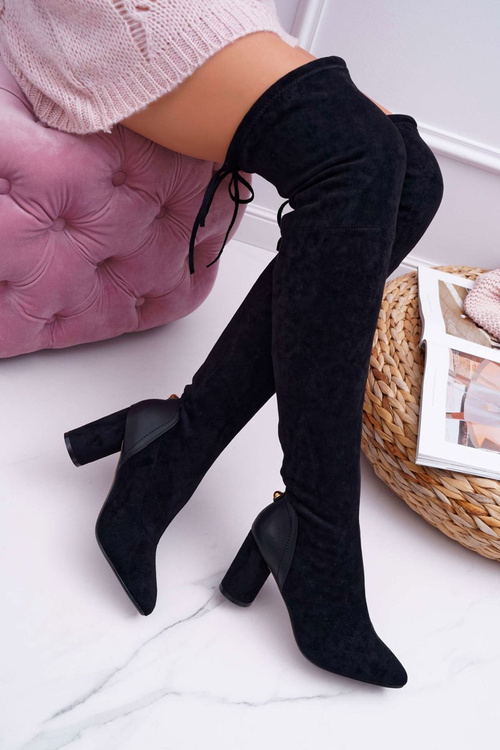Dámské semišové kozačky na vysokém podpatku Černá Selfie