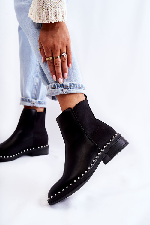 Kožené topánky Jodhpur topánky s perlami čierna jilana