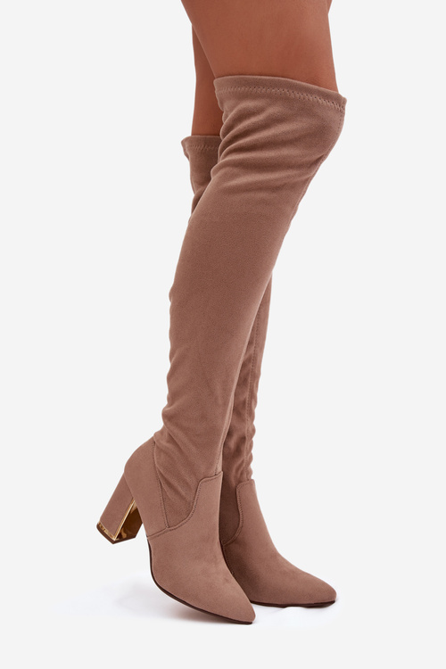 Dámské kozačky z eko semiše na kolena na podpatku tmavě béžové Thamine