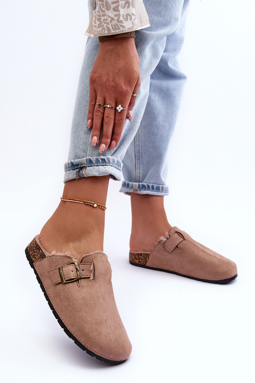 Ženské semišové žabky s kožušinou béžovej haidamia