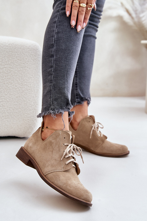 Zazoo 2959 Semišové Polobotky Oxfords Na Šněrování Na Plochém Podpatku Béžové